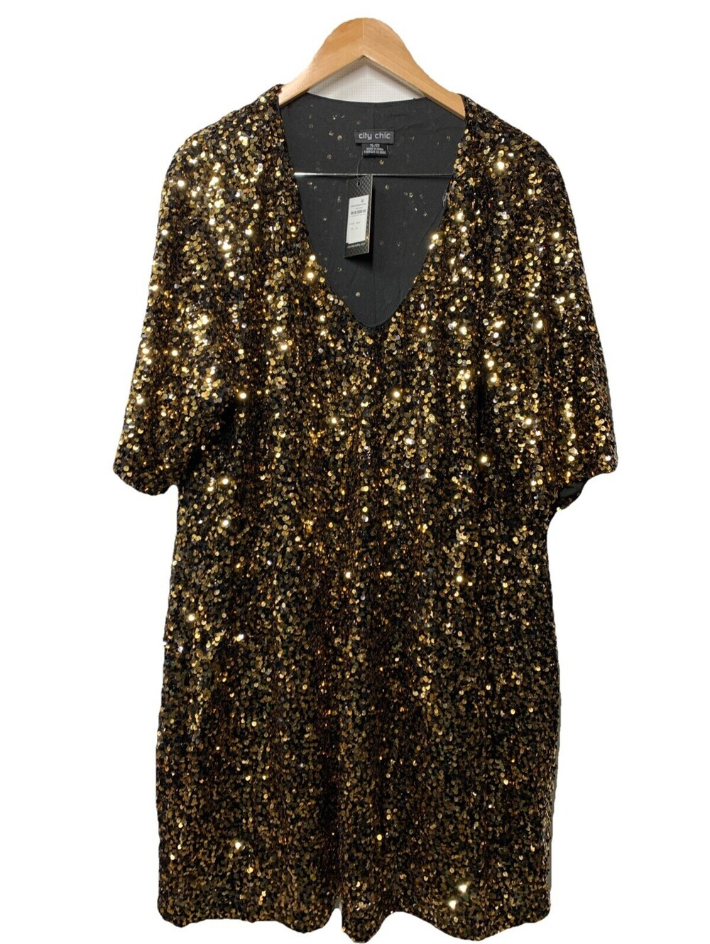 City Chic Womens Cocktail Party Dress Evening Sequin Glam V-neck Gold Size XL/22